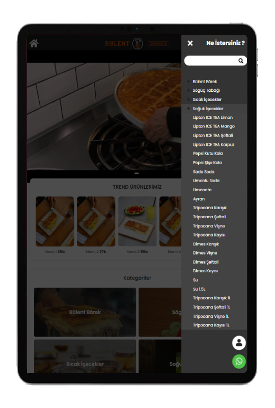 TeslaPOS Dijital Tablet Menü, Restoran Menü ve iPad menü sistemi - Sağ Menü ve Ayarlar ekranı